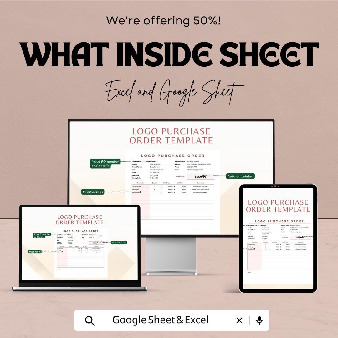 Logo Purchase Order Template | Excel and Google Sheets | Branding Order Sheet | Client Invoice & Purchase Form