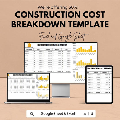 Construction Cost Breakdown Template  | Construction Budget Spreadsheet | Project Cost Estimator | Contractor Budget Planner