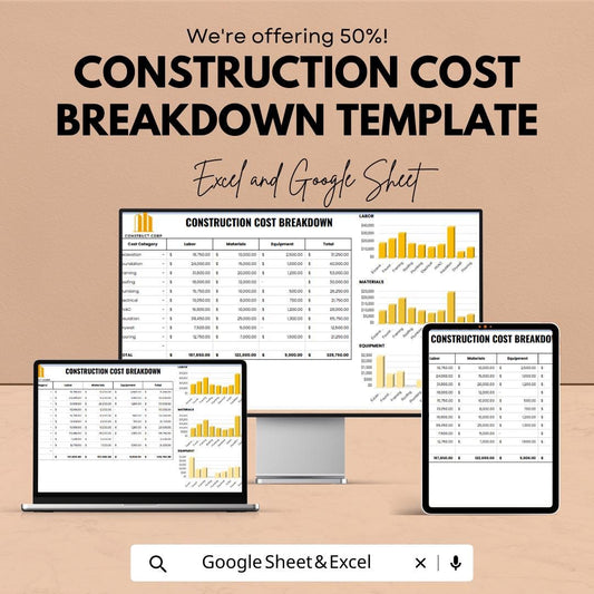 Construction Cost Breakdown Template  | Construction Budget Spreadsheet | Project Cost Estimator | Contractor Budget Planner