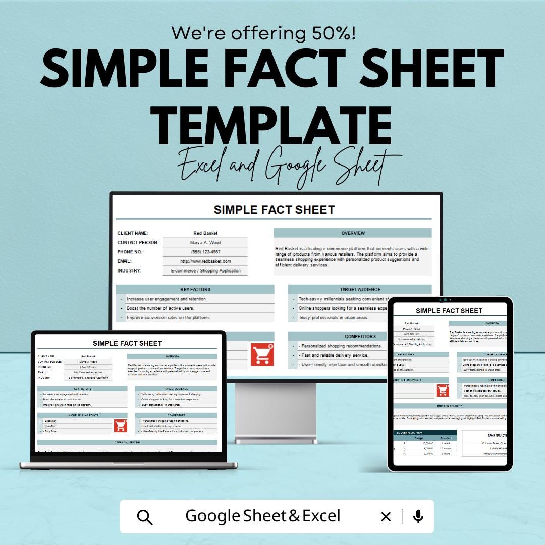 Simple Fact Sheet Template | Google Sheets and Excel | Business Info Sheet | Company Overview Template | Client Profile Document
