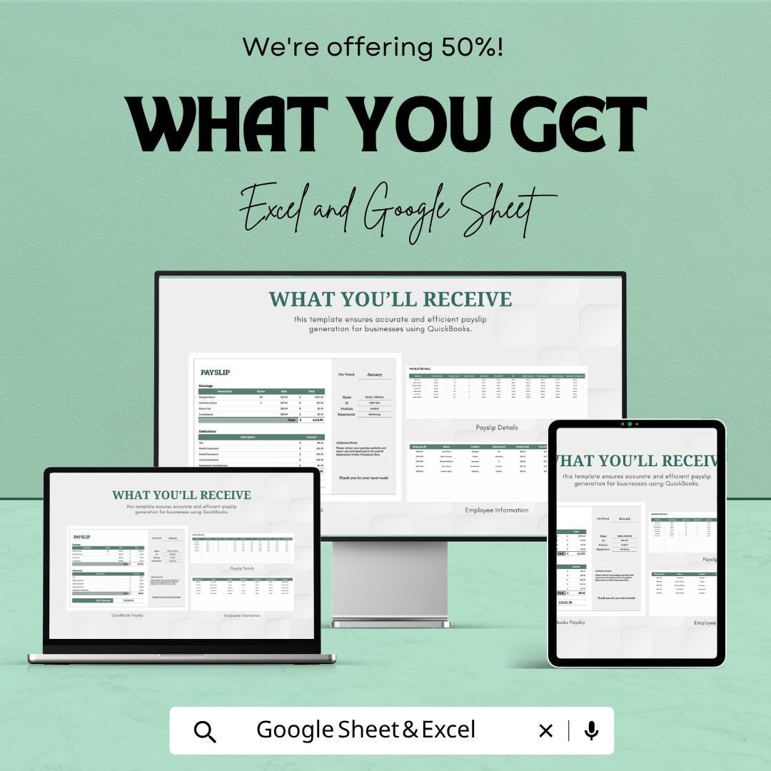 QuickBooks Payslip Template | Payroll Payslip Spreadsheet | Employee Salary Slip Tracker | Excel & Google Sheets | Business Payroll