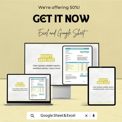 Sample Repair Quotation Sheet - Excel and Google Sheets Template | 50% Off | Construction & Home Repair Quotes
