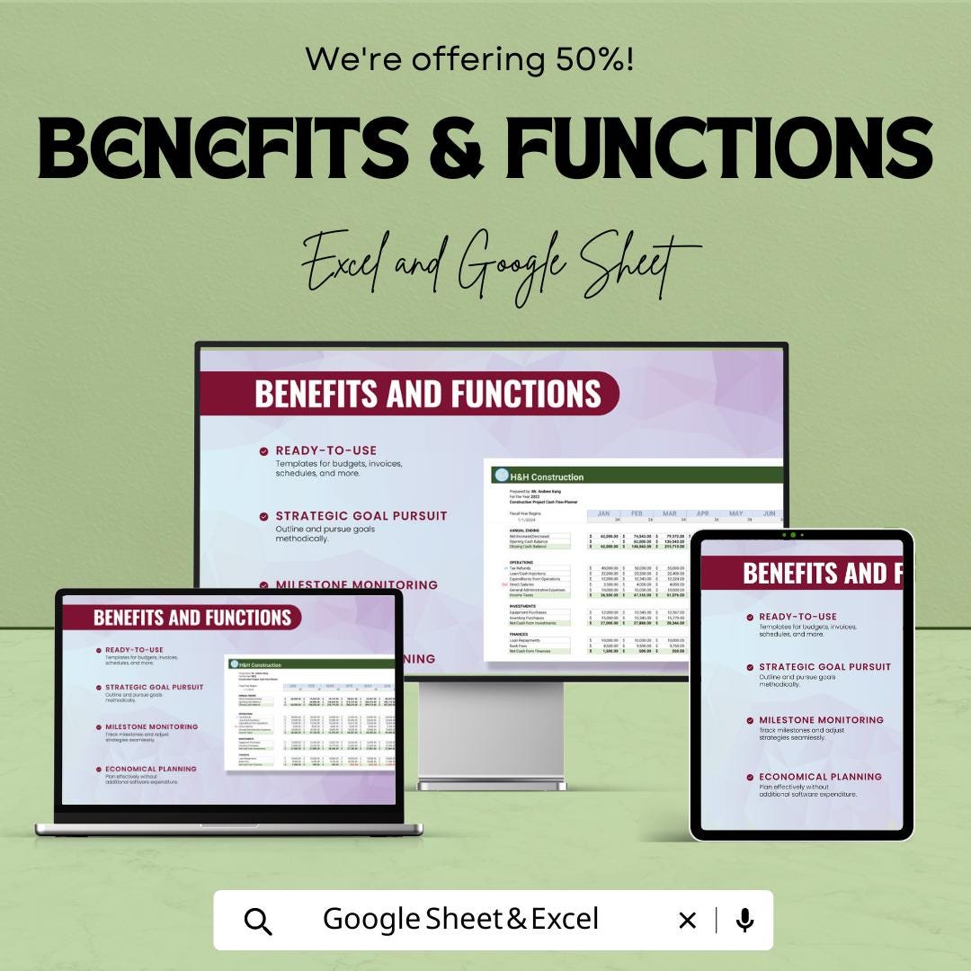 Construction Project Cash Flow Planner Template , Construction Budget Tracker, Project Cost Planning sheet, Contractor Financial Planner