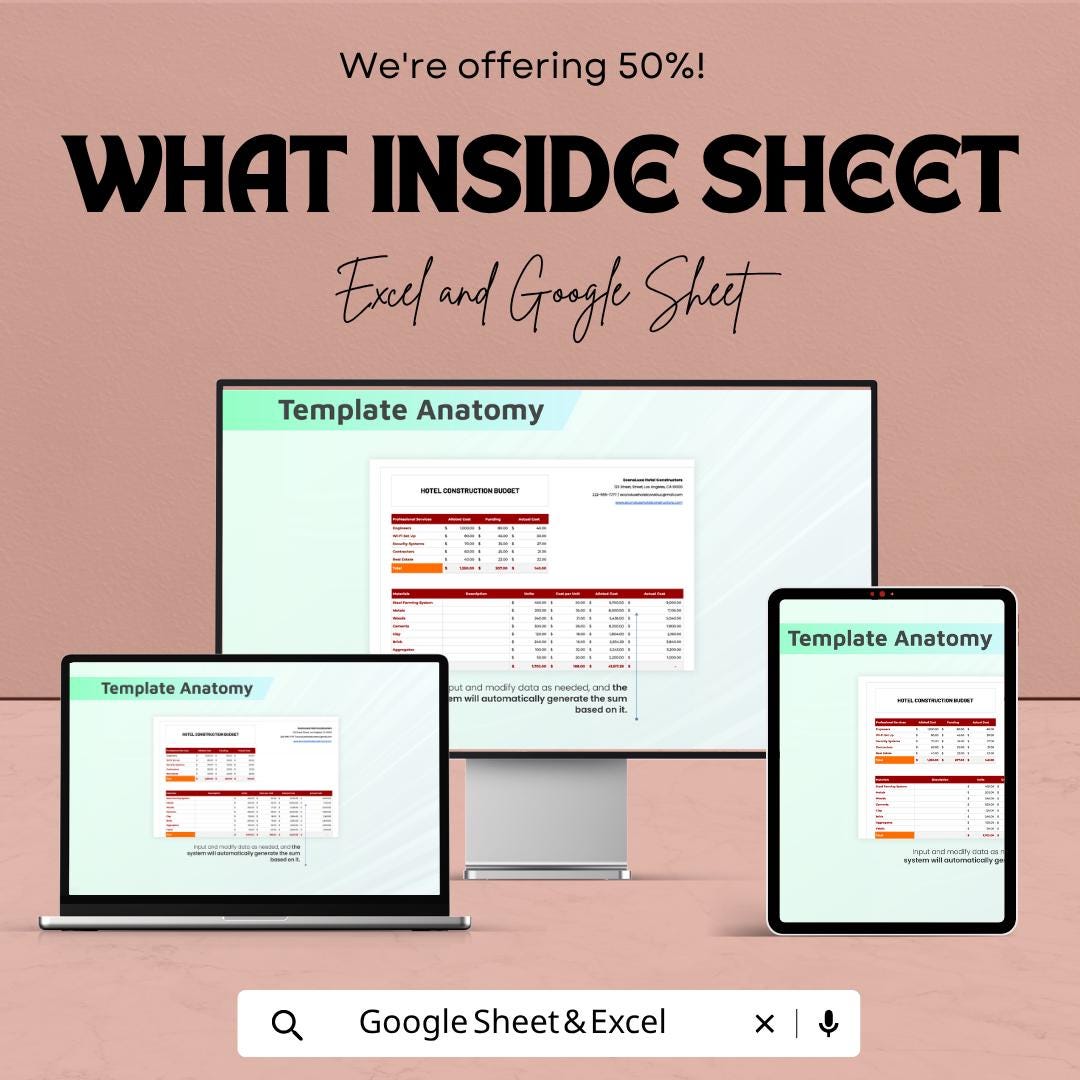 Hotel Construction Budget Template | Construction Budget Spreadsheet | Project Cost Estimator | Building Budget Planner
