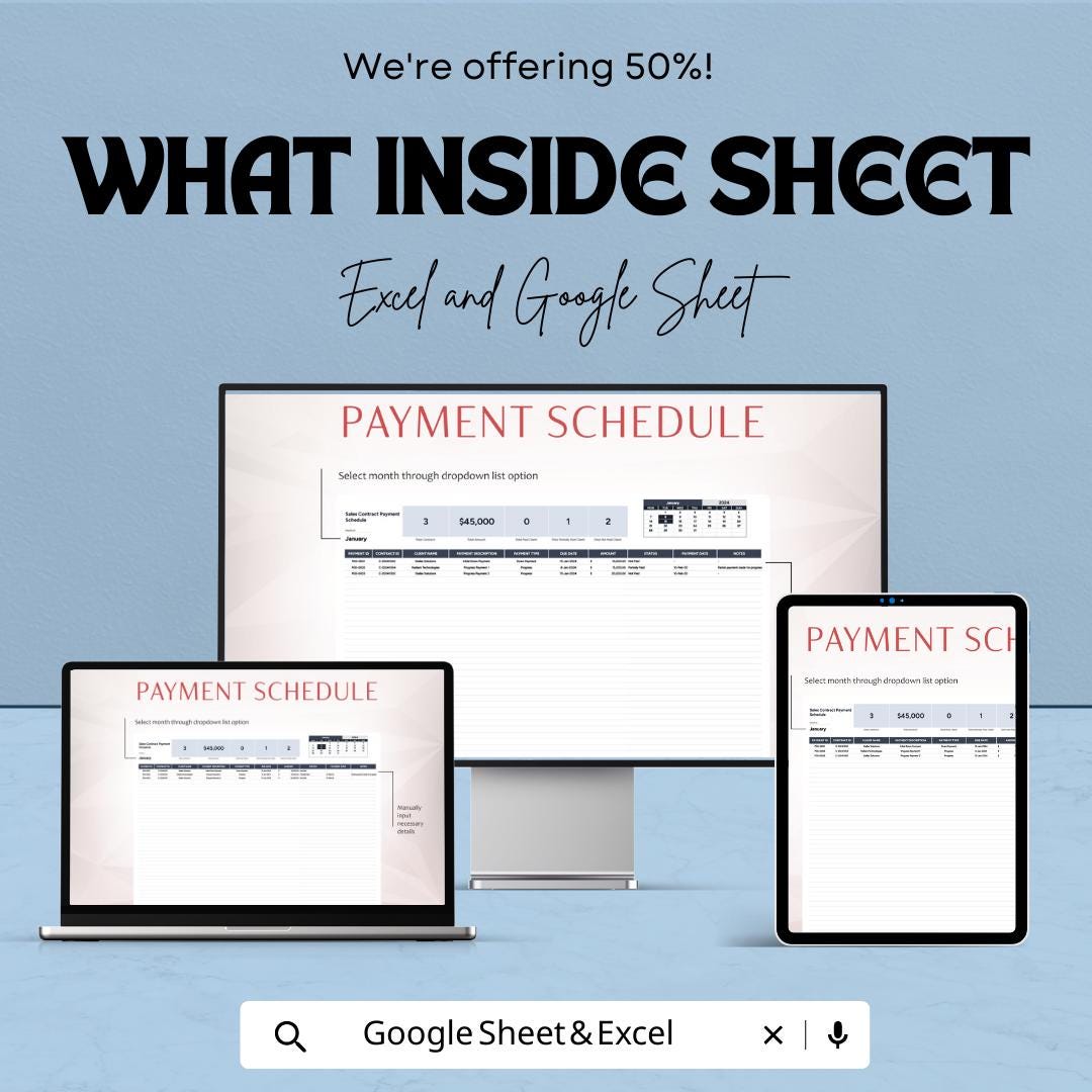 Sales Contract Payment Schedule Template, Excel & Google Sheets, Client Payment Tracker, Installment Planner, Business Contract Spreadsheet