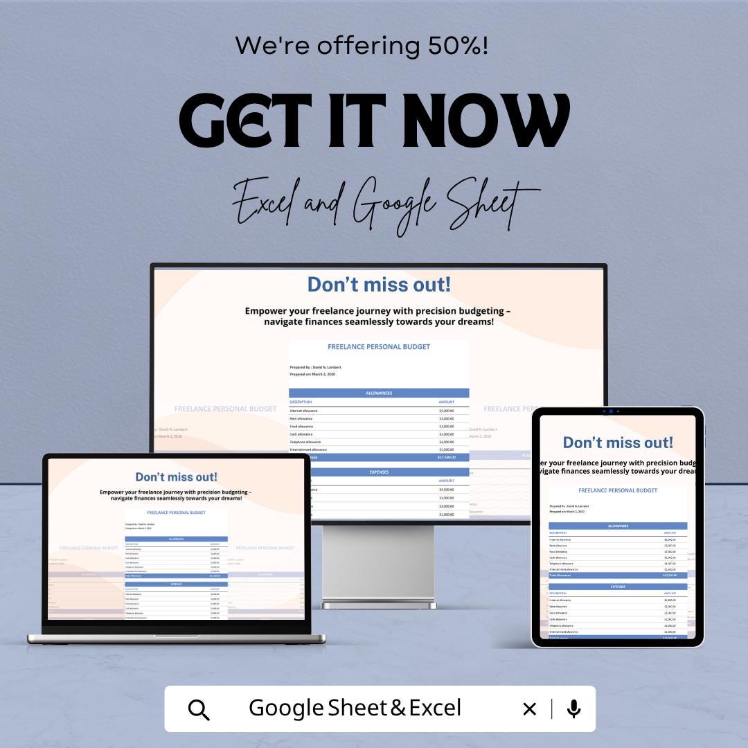 Freelance Budget Template Excel | Personal Budget for Freelancers | Income Expense Tracker | Monthly Budget Sheet