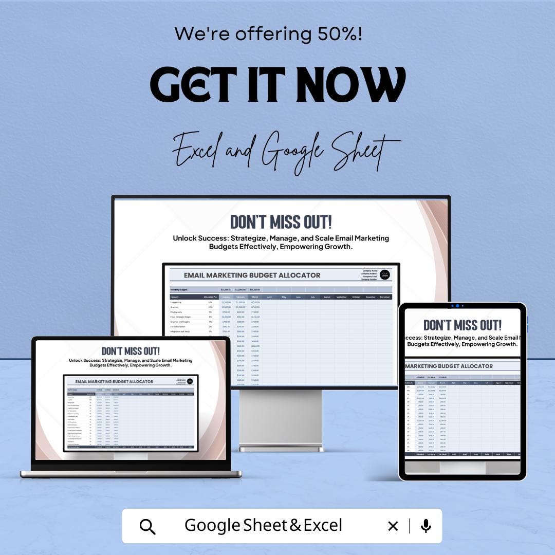 50% OFF - Email Marketing Budget Allocator Sheet - Excel & Google Sheets | Manage and Track Email Marketing Budgets | Customizable |