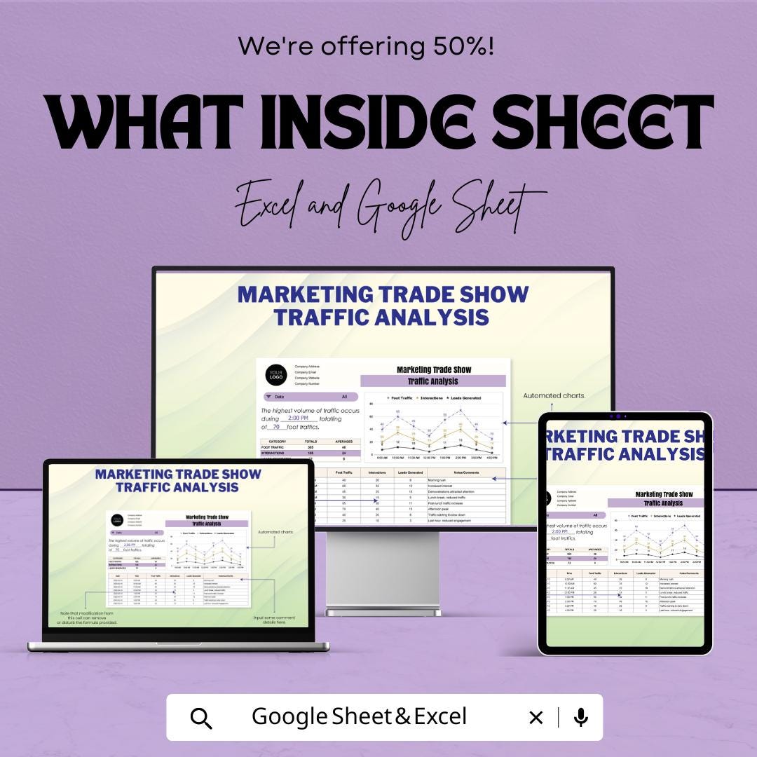 Marketing Trade Show Traffic Analysis Template | Excel and Google Sheets | Booth Foot Traffic Tracker | Lead & Interaction Analysis
