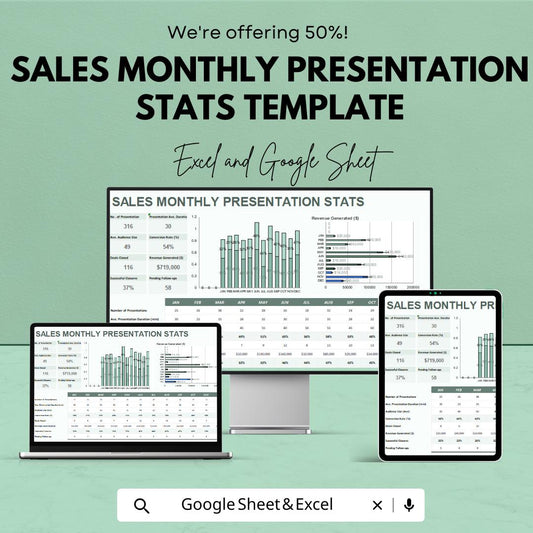 Sales Monthly Presentation Stats Template | Sales Dashboard | Monthly Sales Tracker | KPI Report | Presentation Metrics