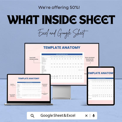 Annual Profit and Loss Template | Income Expense Tracker | Yearly P&L Statement | Business Financial Report Spreadsheet