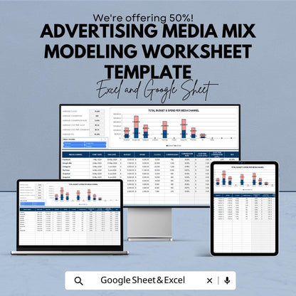 Advertising Media Mix Modeling Worksheet Template | Excel & Google Sheets | Marketing Mix Analysis Spreadsheet | ROI Modeling Tool |