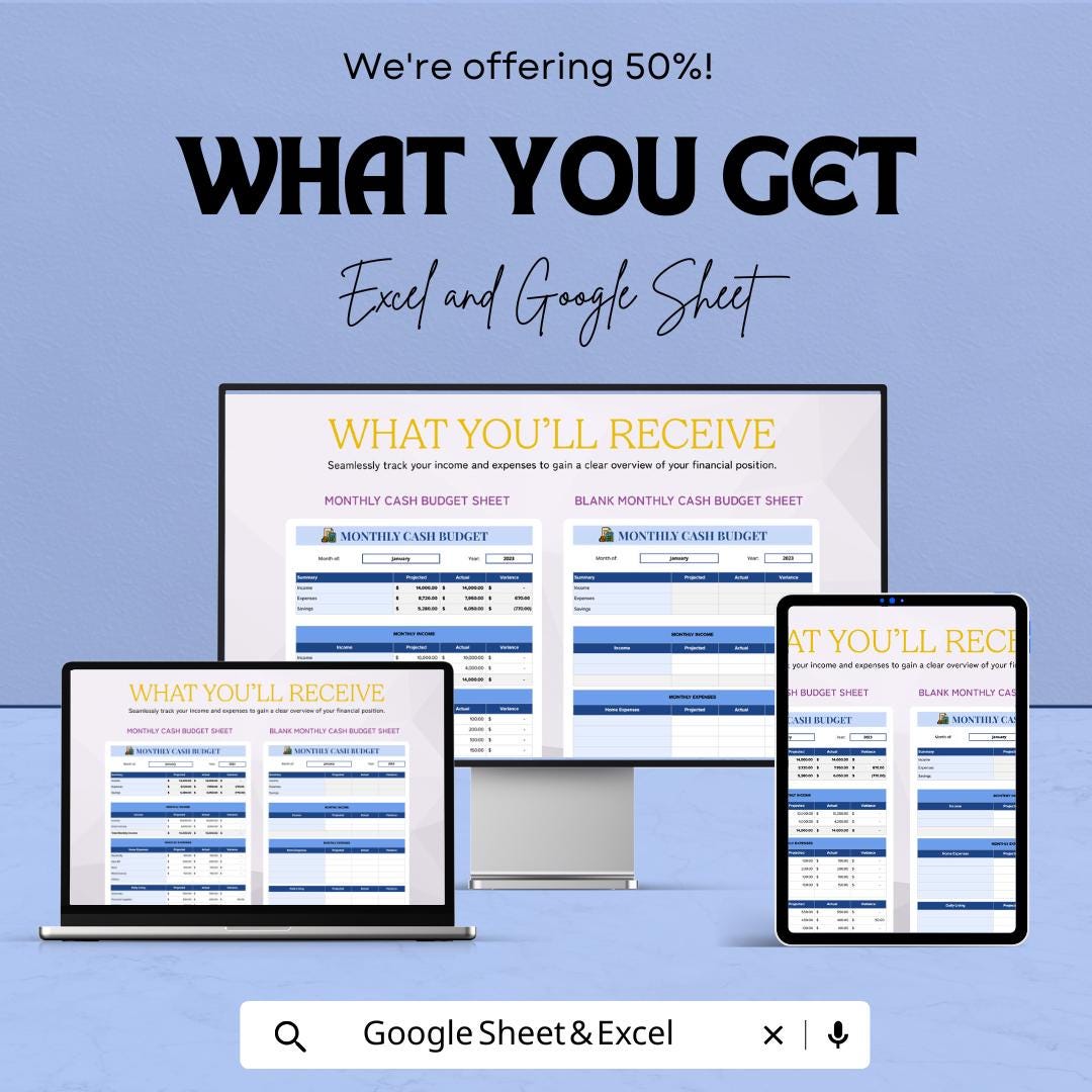 Monthly Cash Budget Sheet Excel & Google Sheets | Personal Finance Tracker and Strategic Cash Flow Template