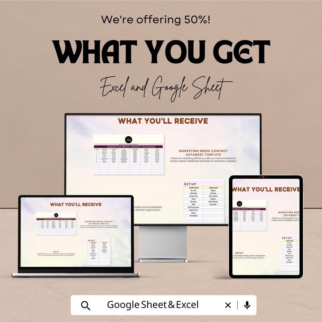Marketing Media Contact Database Template | PR Contact List | Media Outreach Spreadsheet |  Marketing Communications Tool