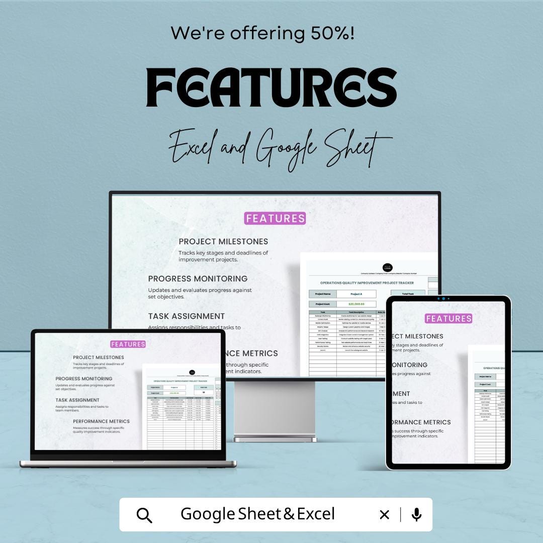 Operations Project Tracker Template | Quality Improvement Tracker | Project Management Spreadsheet | Task Tracker