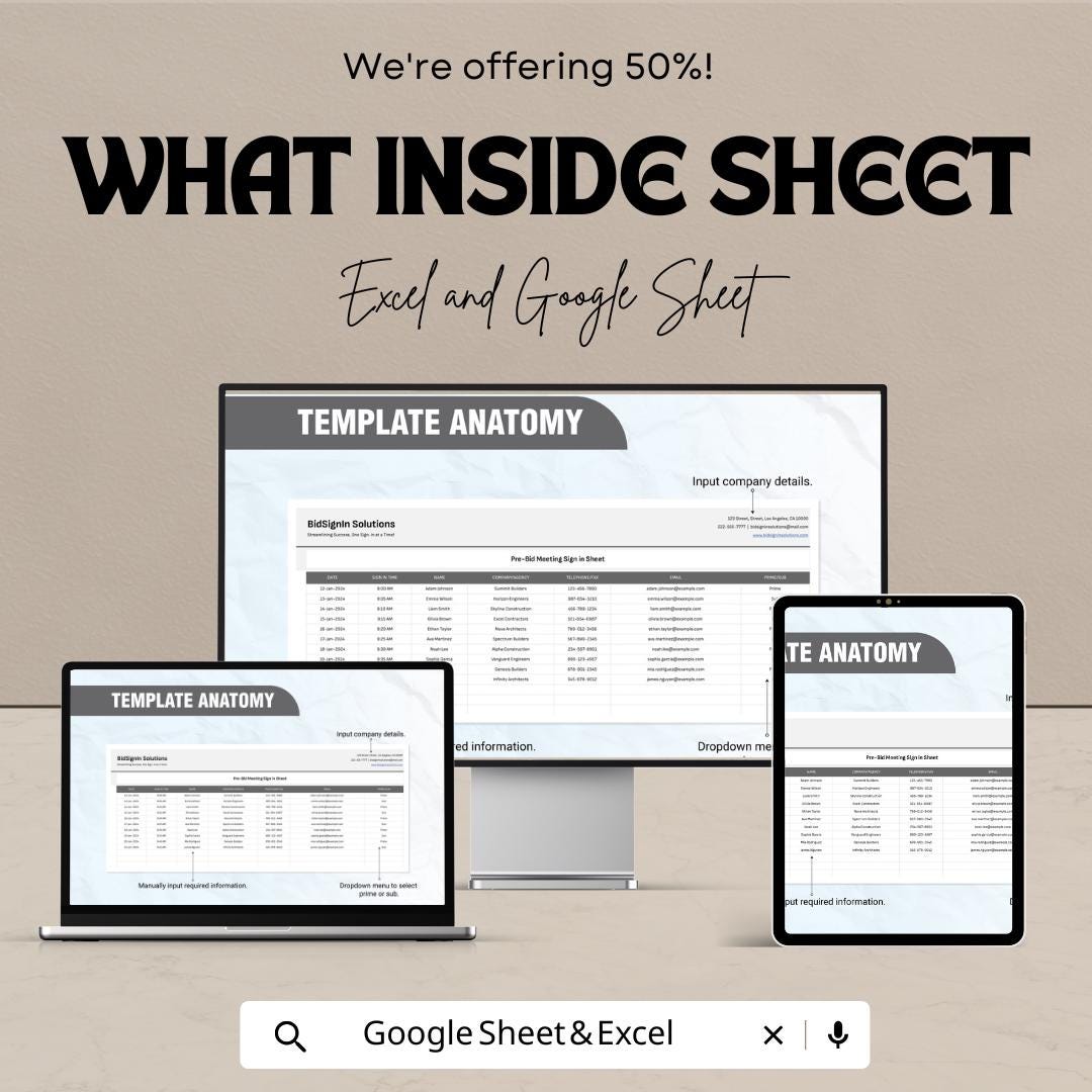 Pre-Bid Meeting Sign-In Sheet | Excel and Google Sheet | Efficient Attendance Tracker for Bids | Customizable & Exportable |