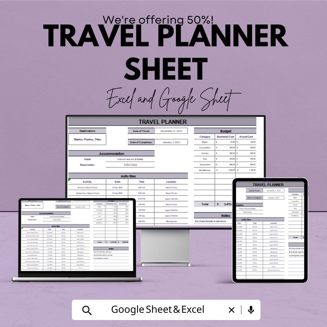 Travel Planner Sheet - Google Sheet Template - Trip Planning, Budgeting, and Itinerary Organizer - Vacation & Adventure Planning Spreadsheet