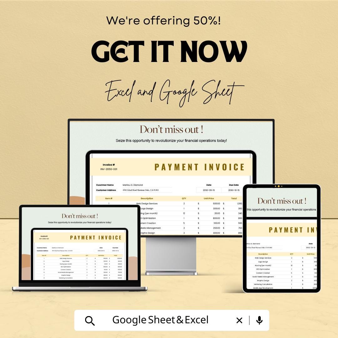 Payment Invoice Sheet | Excel and Google Sheets Template | Customizable Invoice Template | Payment Tracker | Instant Download