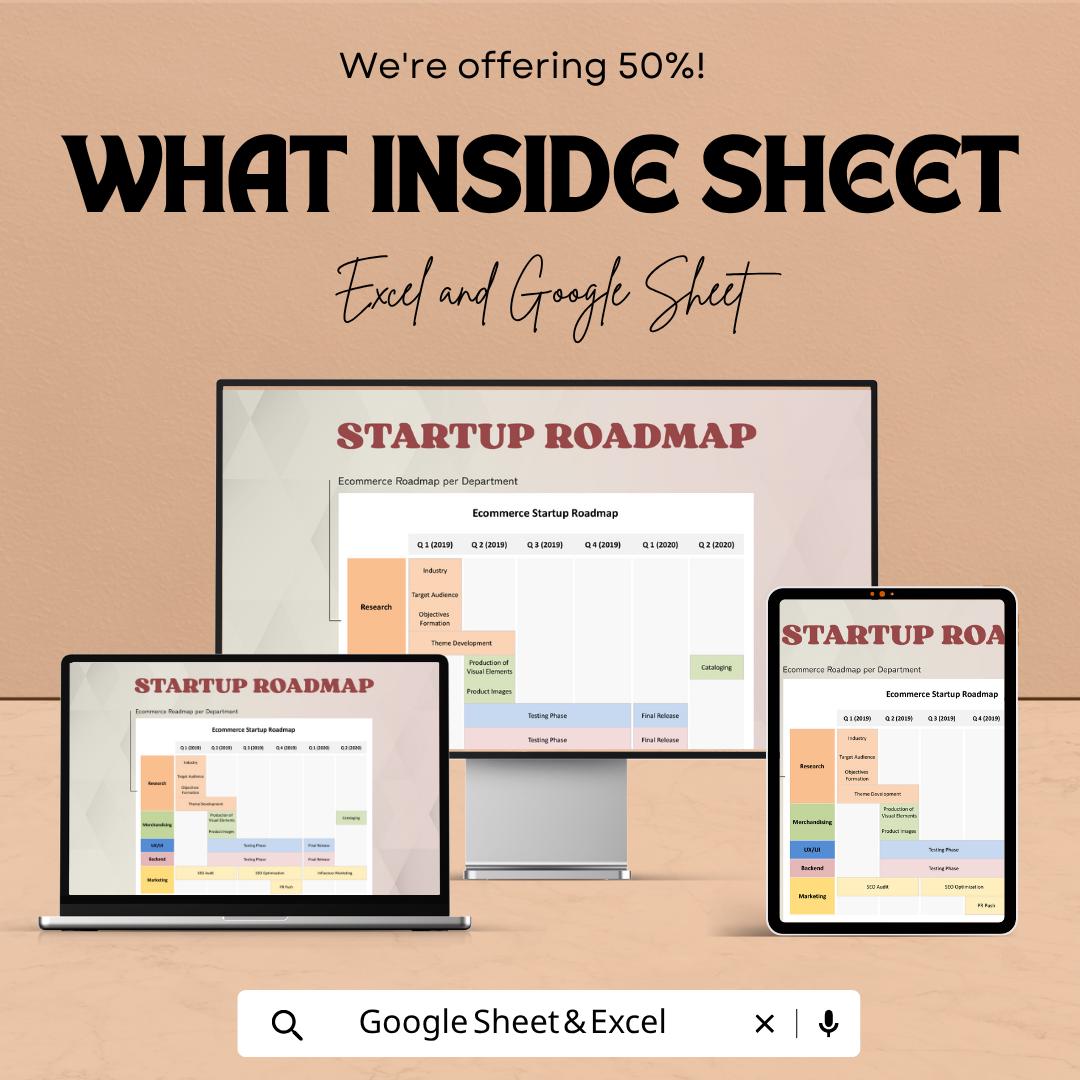 Ecommerce Startup Roadmap Template | Business Launch Planner Spreadsheet | Startup Growth Strategy Tool | Excel & Google Sheets |