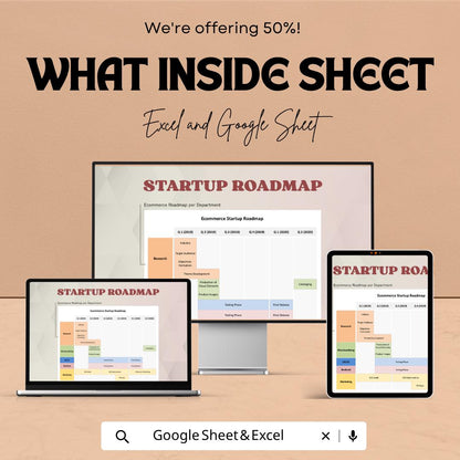 Ecommerce Startup Roadmap Template | Business Launch Planner Spreadsheet | Startup Growth Strategy Tool | Excel & Google Sheets |
