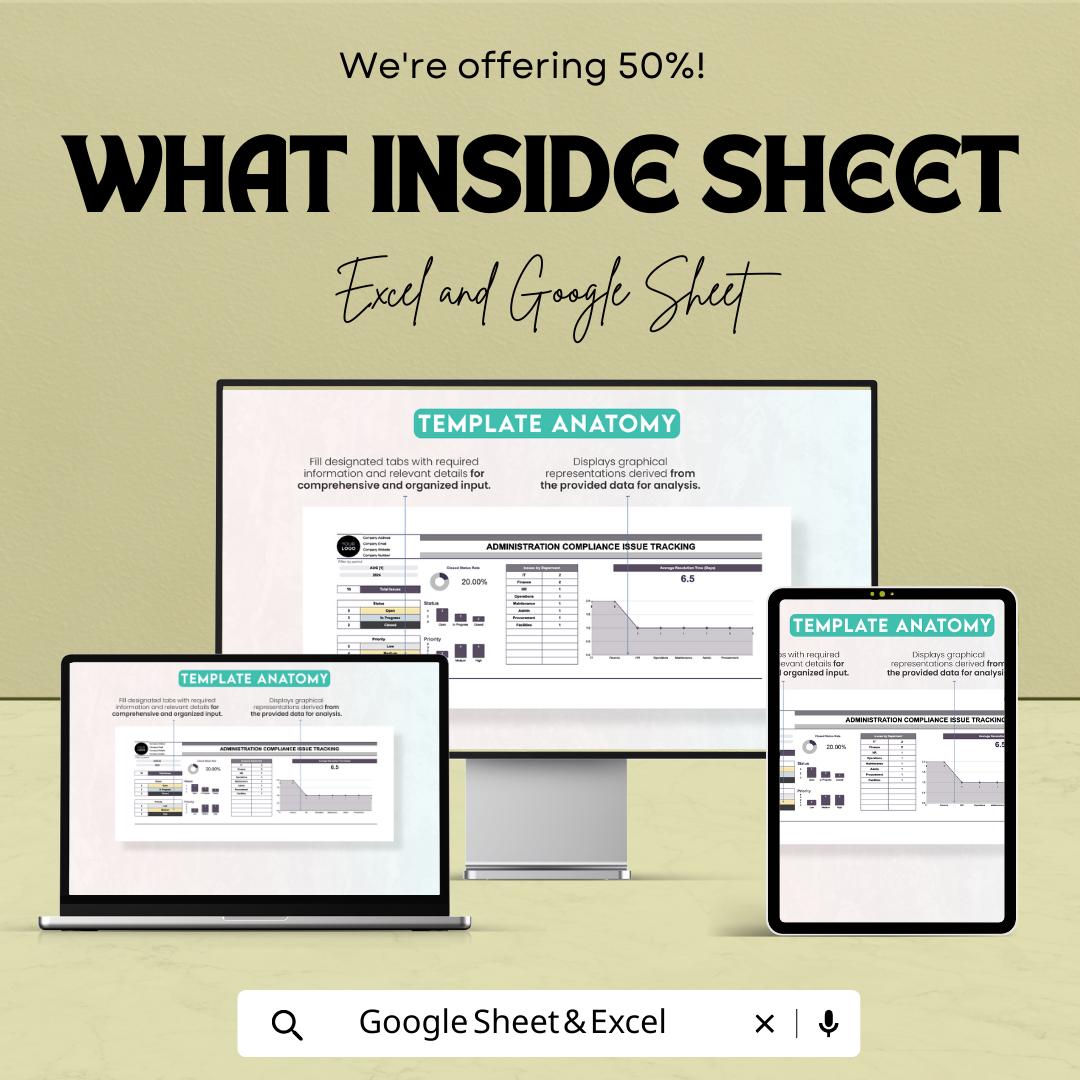 Administration Compliance Issue Tracking Template | Excel & Google Sheets | Compliance Tracker | Issue Log Spreadsheet | Audit Management