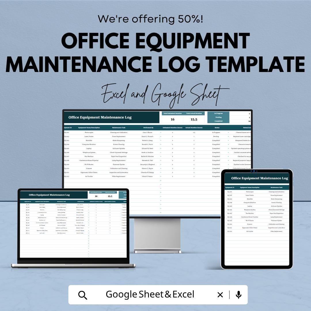 Office Equipment Maintenance Log Excel Template | Asset Tracker Spreadsheet | Service & Repair Log Google Sheets | Maintenance Tracker