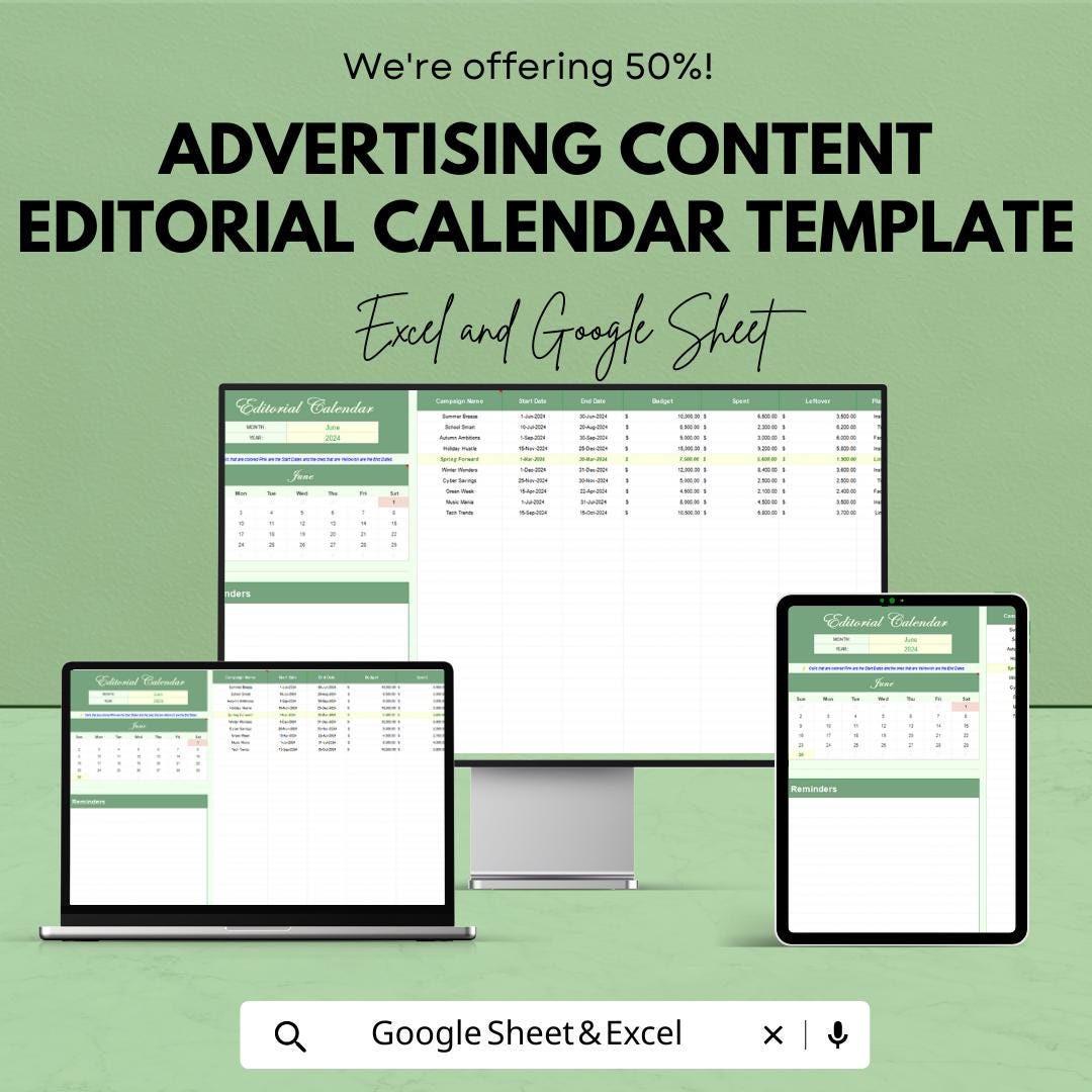 Advertising Content Editorial Calendar Template, Marketing Editorial Calendar, Content Planner Excel, Ad Campaign Content Schedule