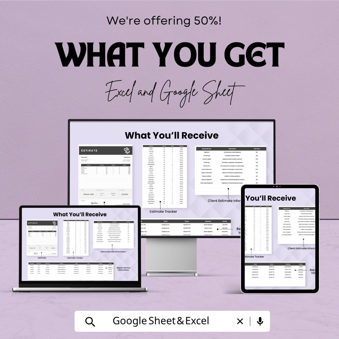 Computer Repair Estimate Template | Repair Invoice Template | IT Service Estimate Sheet |Service Cost Calculator