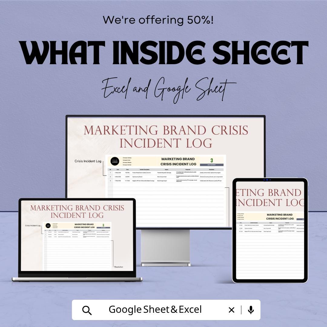 Marketing Crisis Log Template Excel | Brand Crisis Incident Tracker | PR Crisis Management Sheet | Reputation Management Log | Google Sheets