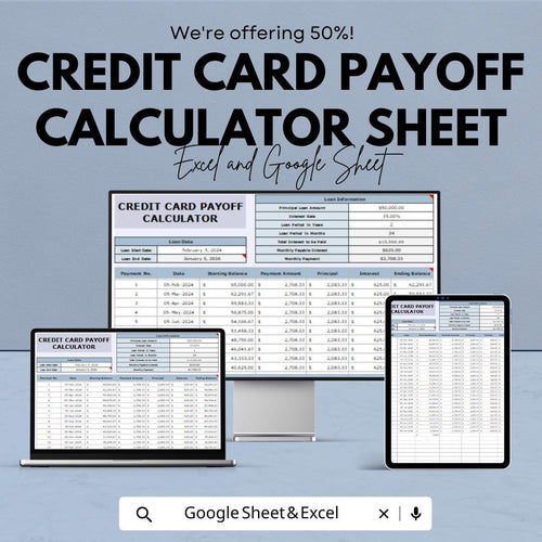 Credit Card Payoff Calculator - Google Sheet - Budget Planner, Debt Management Template, Track Credit Payments, Monthly Payment Calculator