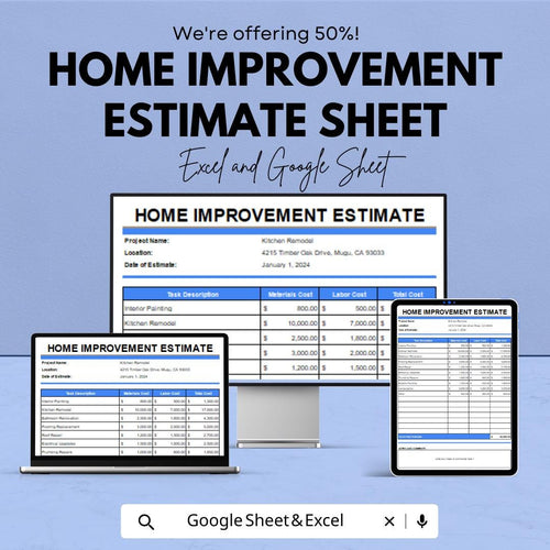 Home Improvement Estimate Template for Excel & Google Sheets – 50% Off – Professional Home Renovation Cost Breakdown