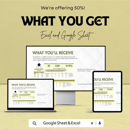 Marketing Content Keyword Optimization Tracker Template | Excel and Google Sheets | SEO Keyword Research & Content Performance Spreadsheet