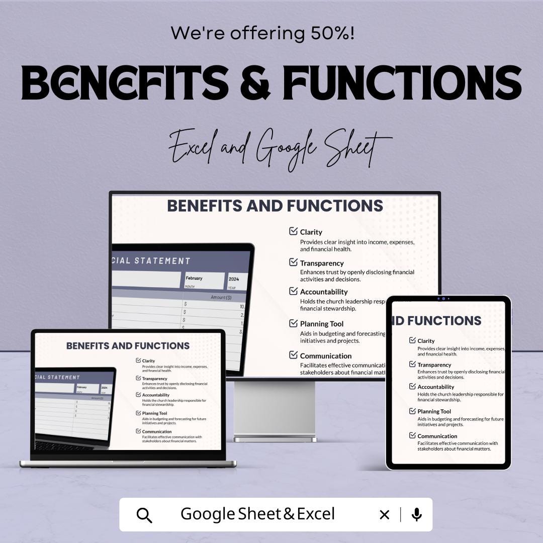 Church Financial Statement Template | Church Income and Expense Report | Monthly Financial Statement | Excel and Google Sheets Template