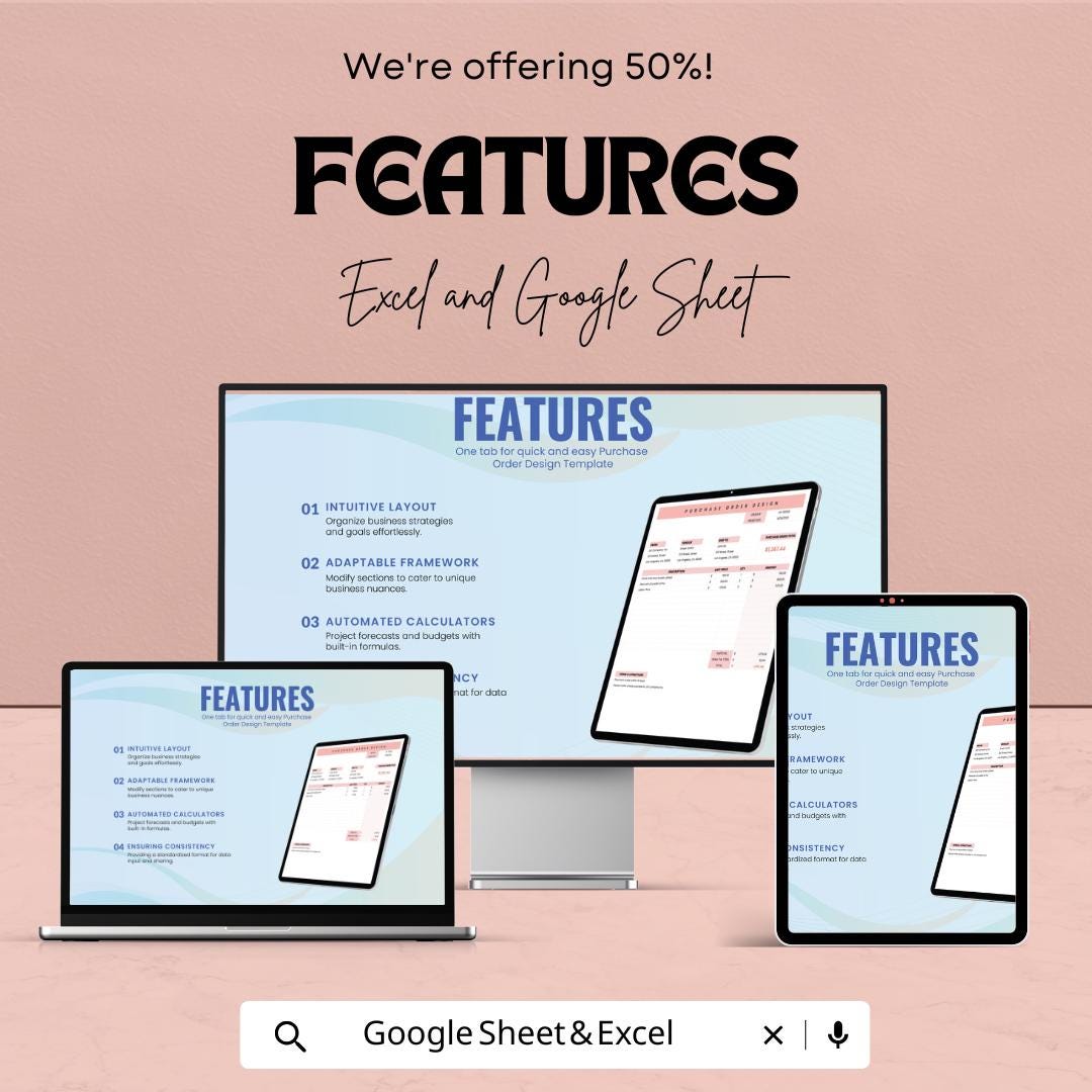 Purchase Order Design Template | Editable Purchase Order Form | Business Order Tracker | Printable Vendor Invoice Sheet