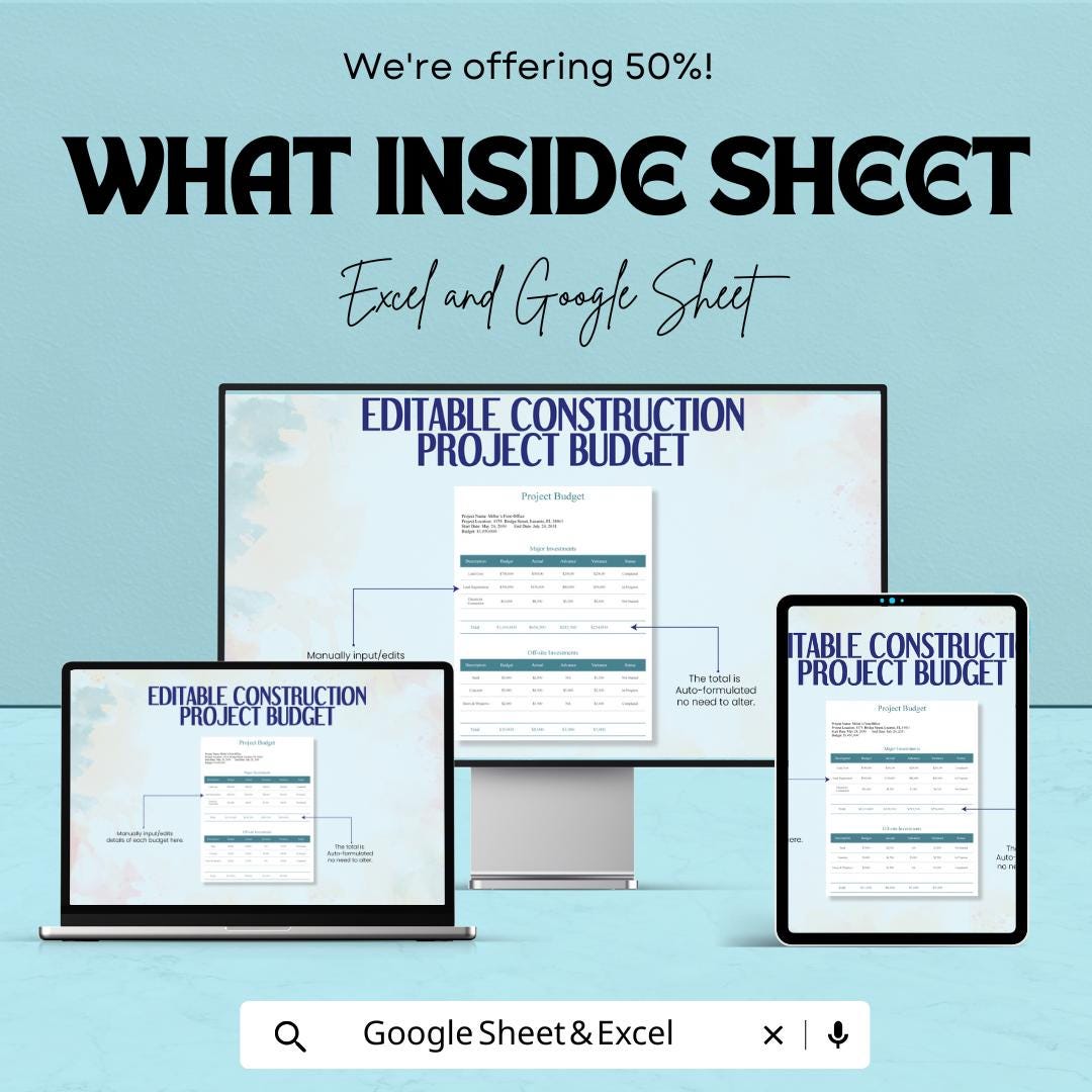 Editable Construction Project Budget Template | Construction Budget Spreadsheet | Project Cost Tracking Sheet | Contractor Budget Planner