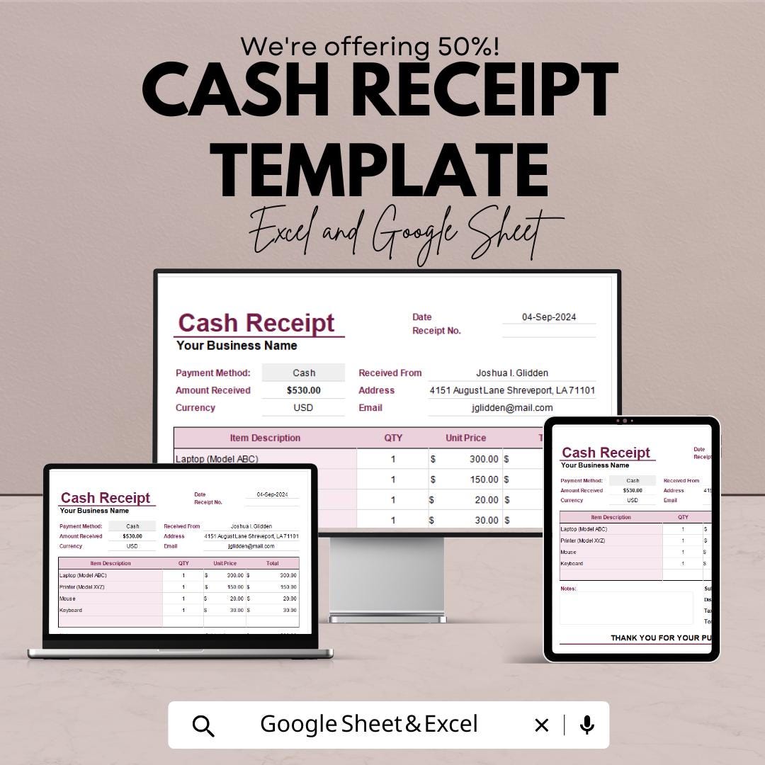 Cash Receipt Template | Excel & Google Sheets | Editable Business Receipt | Payment Record Template | Printable Cash Receipt