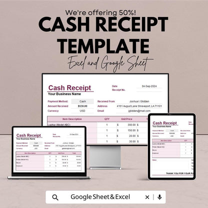 Cash Receipt Template | Excel & Google Sheets | Editable Business Receipt | Payment Record Template | Printable Cash Receipt