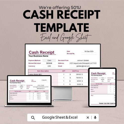 Cash Receipt Template | Excel & Google Sheets | Editable Business Receipt | Payment Record Template | Printable Cash Receipt