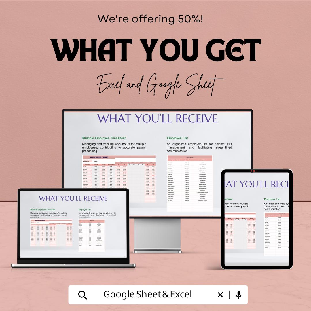 Multiple Employee Timesheet Template | Employee Time Tracker | Weekly Timesheet Template | Payroll Tracker