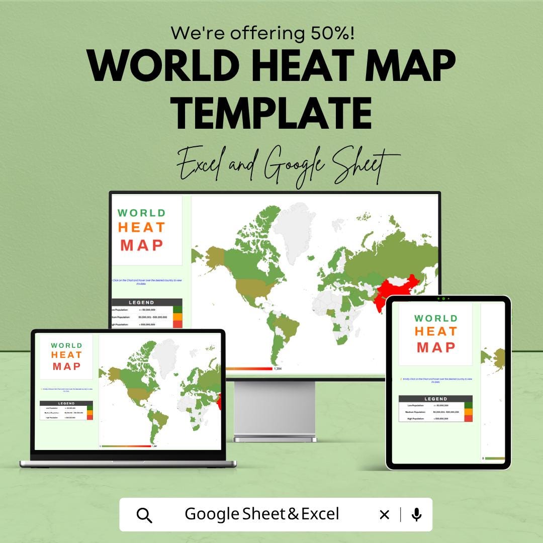World Heat Map Template | Global Data Visualization Spreadsheet | Geographic Heat Map Dashboard | World Map Data Tracker