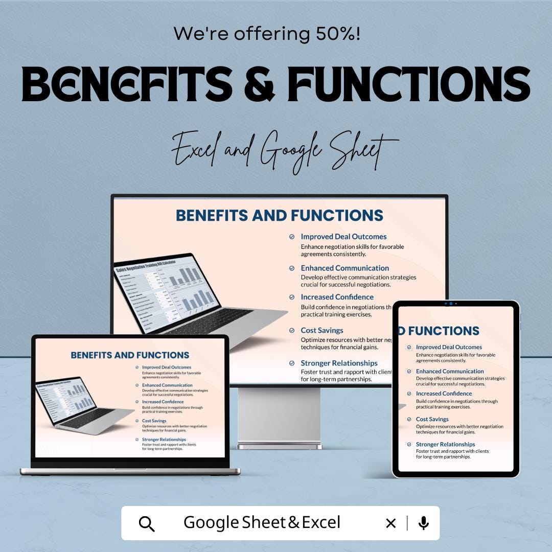 Sales Negotiation Training ROI Calculator Template | Training Cost Benefit Analysis, ROI Tool, Sales Performance Template