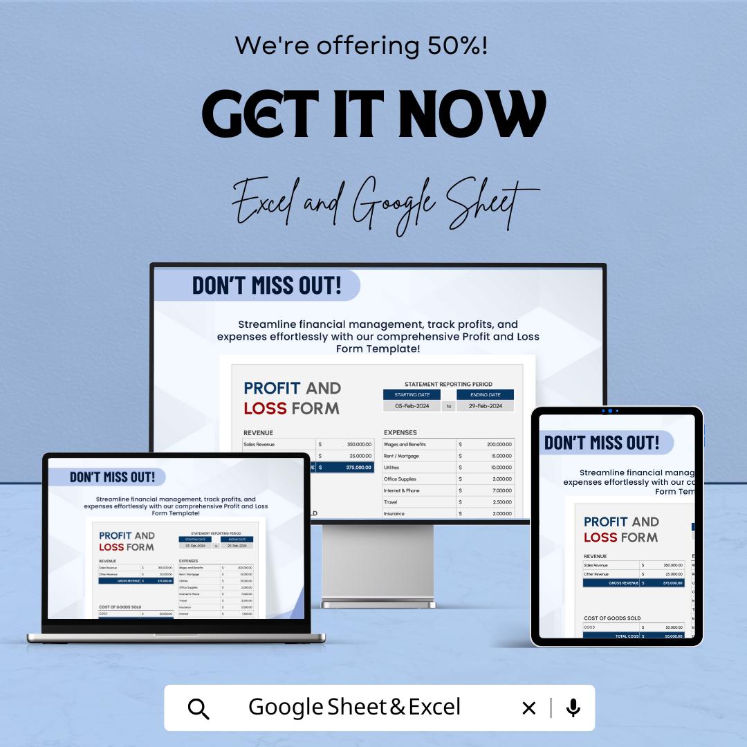 Profit and Loss Form Sheet – Excel and Google Sheets | Financial Statement Template | Business Expense & Revenue Tracker
