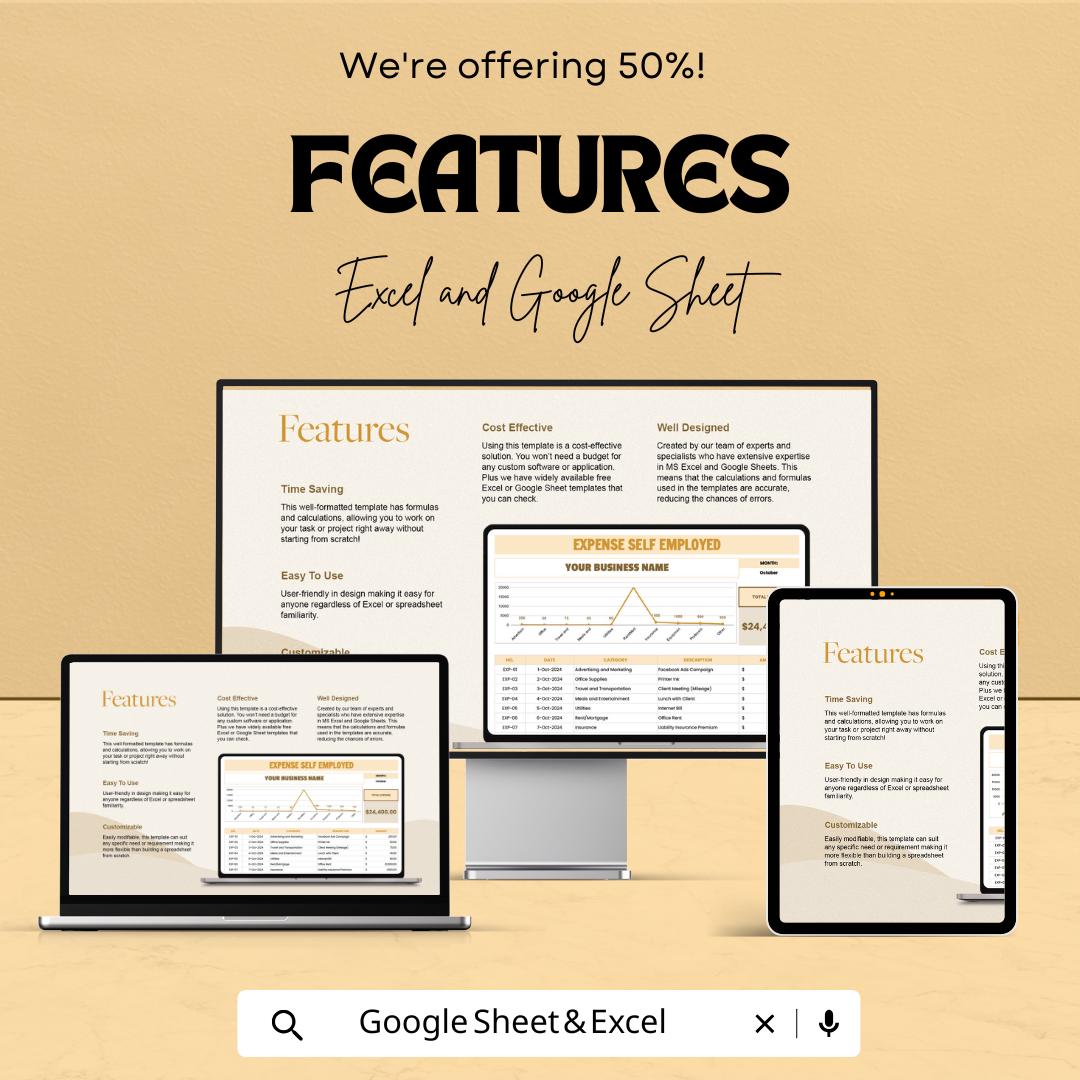 Expense Self Employed Sheet | Business Expense Tracker | Excel & Google Sheets | Self-Employed Financial Management Template