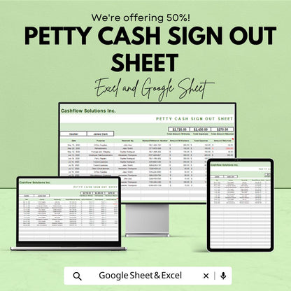 Petty Cash Sign Out Sheet | Google Sheets & Excel Template | Cash Flow Tracker | Easy Record Keeping | Automated Petty Cash Template