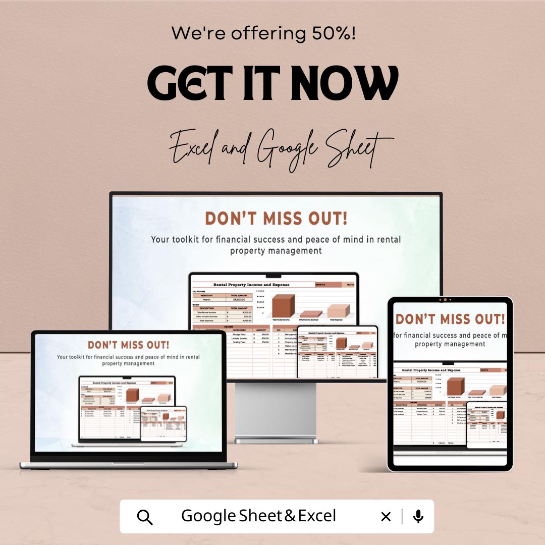 Rental Property Income and Expense Template, Real Estate Cash Flow Tracker, Landlord Spreadsheet, Rental Budget Planner, Excel Google Sheets
