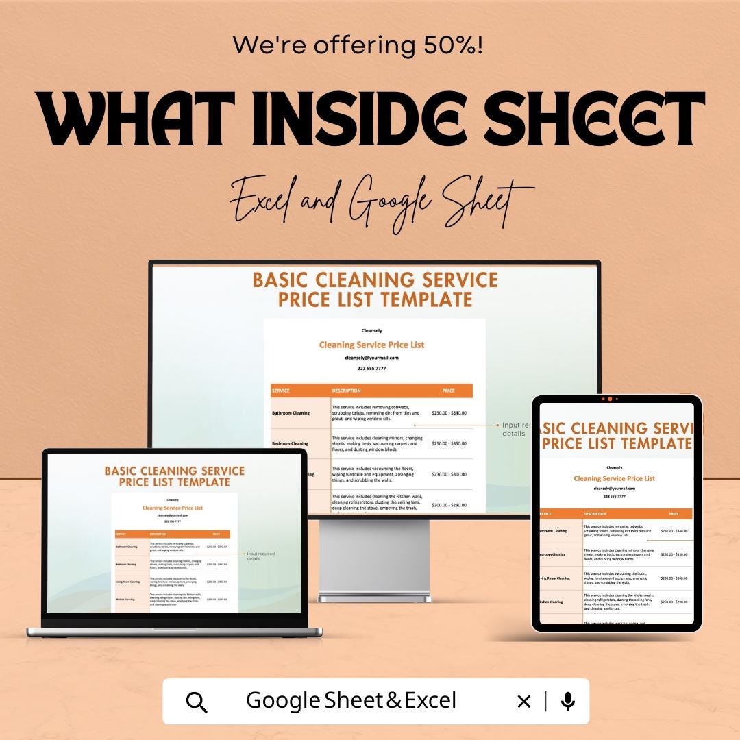 Cleaning Service Price List Template | Google Sheets & Excel | Editable Pricing Sheet | Housekeeping Rate Chart | Instant Download