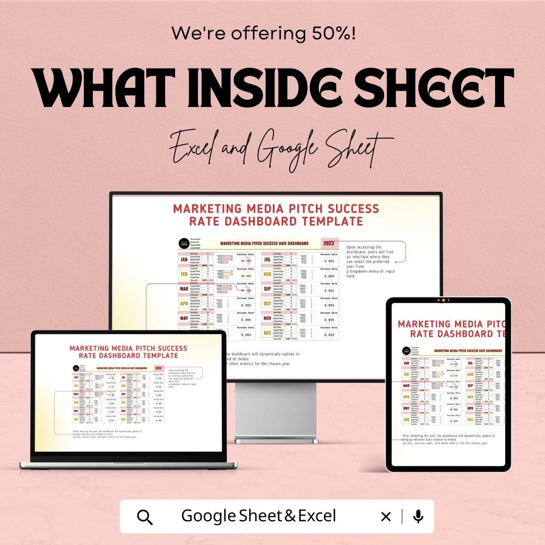 Marketing Media Pitch Success Rate Dashboard | Excel and Google Sheets | Track Media Pitches & Success | Marketing Template for Campaigns