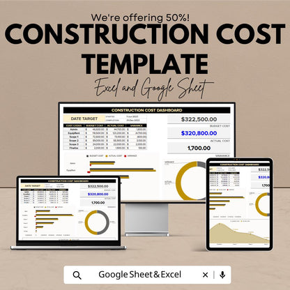 Construction Cost Template | Construction Budget Tracker Excel | Google Sheets Cost Dashboard | Project Cost Estimator Spreadsheet