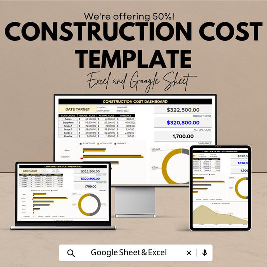 Construction Cost Template | Construction Budget Tracker Excel | Google Sheets Cost Dashboard | Project Cost Estimator Spreadsheet