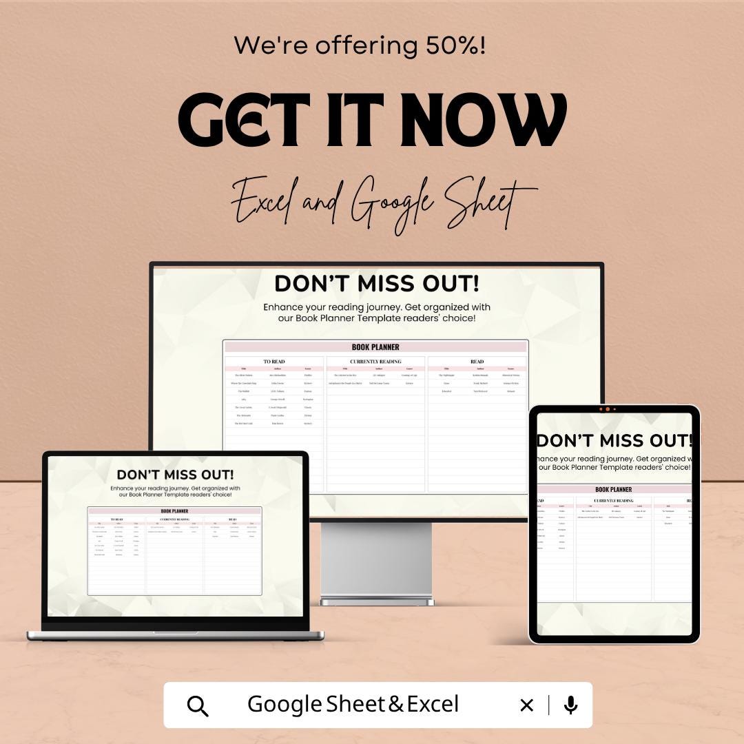 Book Planner Template | Reading Tracker Spreadsheet | Book Journal | TBR List Organizer | Google Sheets & Excel | Reading Log |