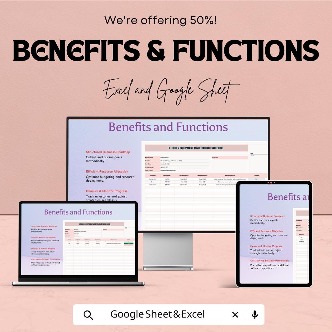 Kitchen Equipment Maintenance Schedule Sheet | Google Sheets & Excel Template for Efficient Kitchen Equipment Tracking